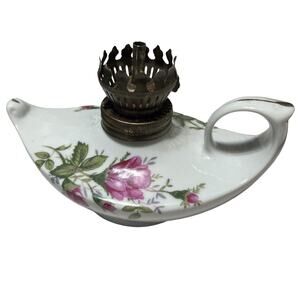 Vintage Mini Genie Ceramic Porcelain Oil Lamp Moss Rose Aladdin 6”